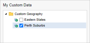 The My Custom Data panel with a group called Eastern States and a group called Perth Suburbs that is selected